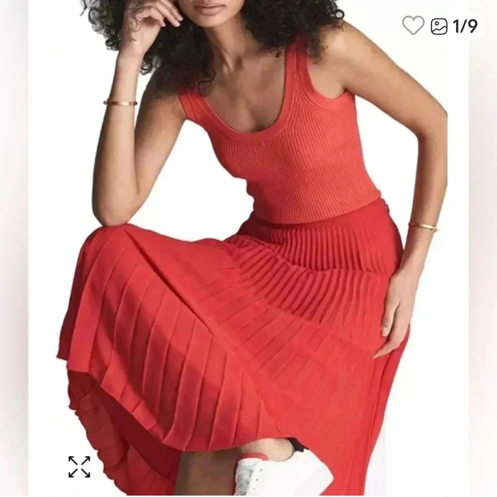 Reiss Izzie Pleated Accordion MIDI Orange Skirt, Size 0